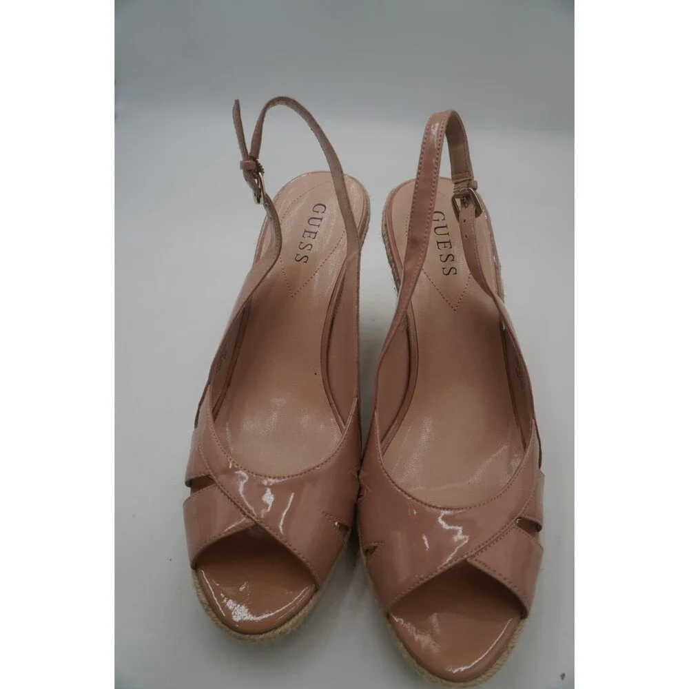 Guess Nude Patent Peep Toe Slingback Espadrille Wedge Heel Strap Sandals Sz 8.5M